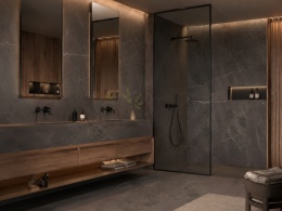 Łazienka z FLORIM Stone Marble Brun Matte Silk, ciemny spiek kwarcowy na ścianach i zabudowie.