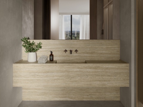 Łazienka z Neolith Colosseo Matt na umywalce i ścianie, ciepły beżowy wzór trawertynu.