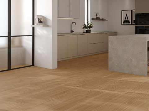 Neolith Pasadena Wood na posadzce w nowoczesnej kuchni z jasną zabudową i kamienną wyspą.