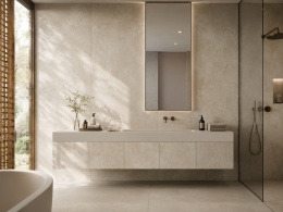 Neolith Rapolano Slate na ścianach i frontach łazienkowych, jasny beżowy spiek o mineralnej strukturze.