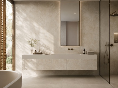 Neolith Rapolano Slate na ścianach i frontach łazienkowych, jasny beżowy spiek o mineralnej strukturze.