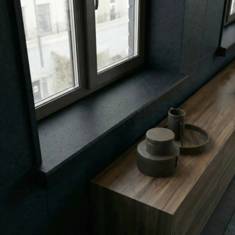 Parapet granitowy Absolute Black FALCO Antyk przy oknie w ciemnej nowoczesnej aranżacji
