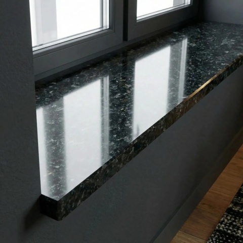Parapet Black Antracite FALCO przy oknie w nowoczesnym salonie z ciemną aranżacją