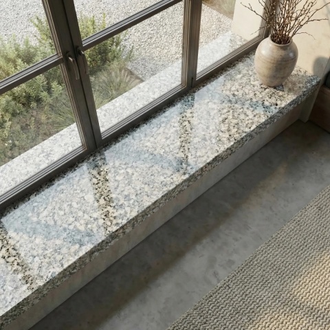 Parapet Crema FALCO przy dużym oknie w jasnym wnętrzu z naturalnymi beżowymi dodatkami