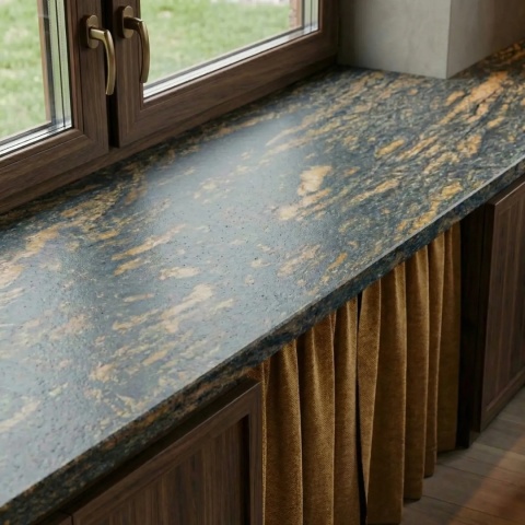 Parapet Gold Antracite Antyk przy oknie z drewnianą stolarką i dekoracyjnym rysunkiem kamienia