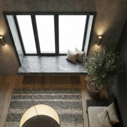 Parapet Silver Antracite Antyk przy dużym oknie w nowoczesnym, ciemnym wnętrzu.