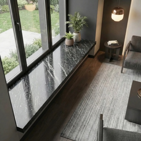Silver Antracite poler jako parapet w nowoczesnym ciemnym salonie