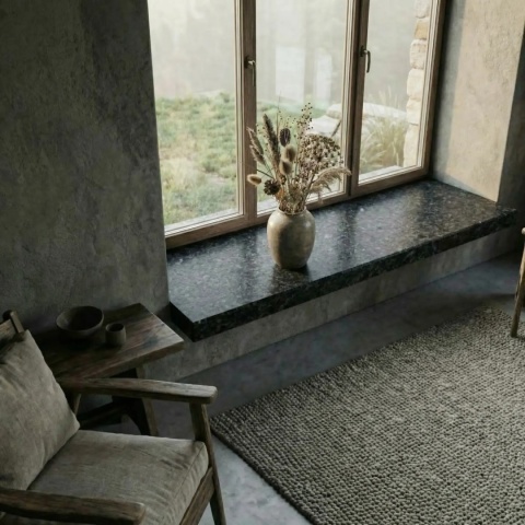 Parapet Steel Grey antyk w ciemnym wnętrzu z drewnianą stolarką okienną.