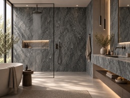 Nowoczesna łazienka wykończona spiekiem FLORIM Stone Black Granite w ciemnej, eleganckiej aranżacji.