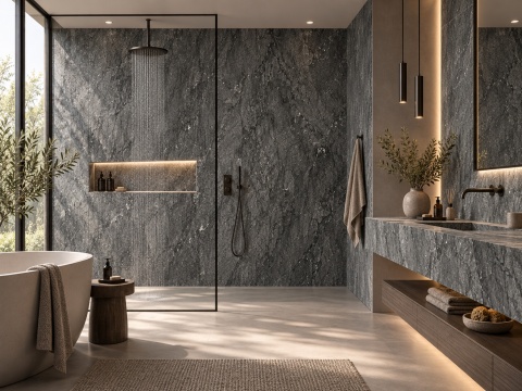 Nowoczesna łazienka wykończona spiekiem FLORIM Stone Black Granite w ciemnej, eleganckiej aranżacji.