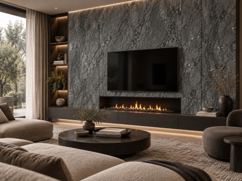 Salon ze ścianą TV i kominkiem wykończonym spiekiem FLORIM Stone Black Granite.