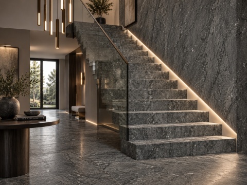 Schody wewnętrzne wykończone spiekiem FLORIM Stone Black Granite z podświetleniem stopni.
