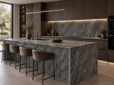 Kuchnia z dużą wyspą i blatem ze spieku FLORIM Stone Black Granite w nowoczesnym stylu.