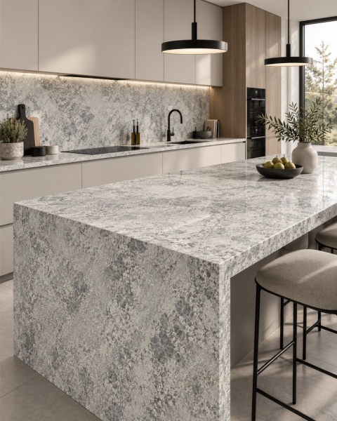 Nowoczesna kuchnia z wyspą ze spieku Blue Granite , jasnoszary wzór kamienia na blacie i ścianie.