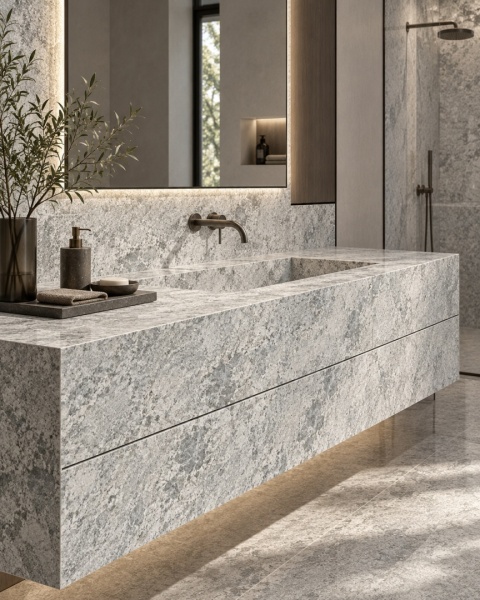 Luksusowa łazienka ze spiekiem Blue Granite, kamienna umywalka i jasnoszare ściany o wyrazistym rysunku.