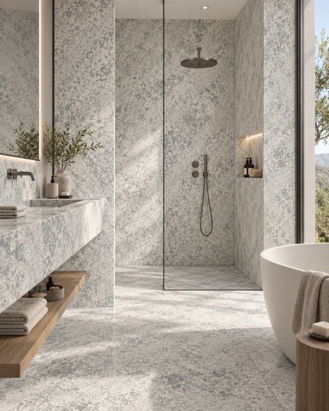 Elegancka łazienka wykończona spiekiem Blue Granite , jasnoszare powierzchnie i nowoczesna strefa kąpieli.