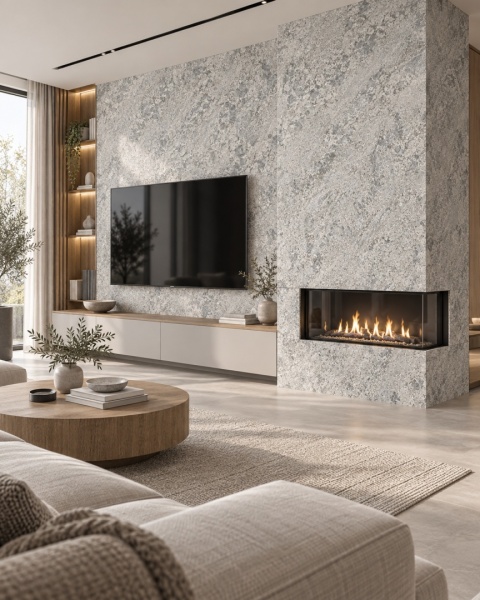 Nowoczesny salon z kominkiem i ścianą TV wykończoną spiekiem Blue Granite  w odcieniach szarości.