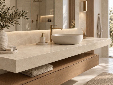 Elegancka łazienka z blatem ze spieku FLORIM Stone Dordogne i drewnianą zabudową w stylu spa.