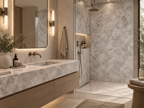 Łazienka spa z blatem i ścianą wykończoną spiekiem FLORIM Stone Lucania w ciepłych beżowych tonach.