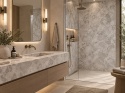Łazienka spa z blatem i ścianą wykończoną spiekiem FLORIM Stone Lucania w ciepłych beżowych tonach.