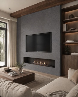 Salon z kominkiem i ścianą RTV wykończoną spiekiem FLORIM Stone Etna Grey.
