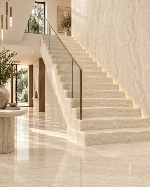 Elegancki hol ze schodami wykończonymi spiekiem FLORIM Stone Gold Travertine w jasnej aranżacji.