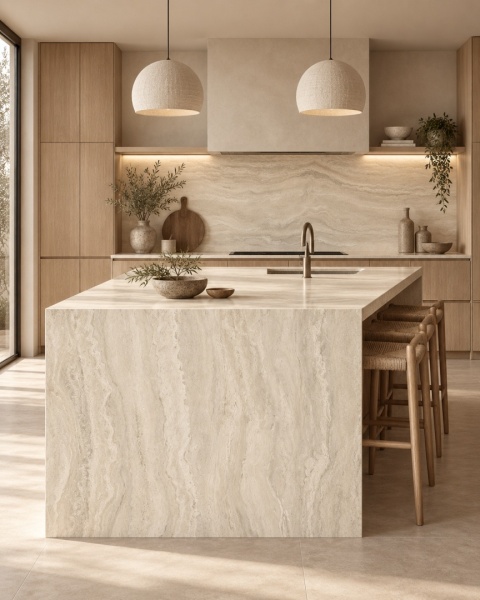 Ciepła kuchnia z wyspą wykończoną spiekiem FLORIM Stone Gold Travertine i drewnianą zabudową.