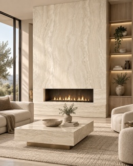 Nowoczesny salon z kominkiem wykończonym spiekiem FLORIM Stone Gold Travertine i jasnymi meblami.