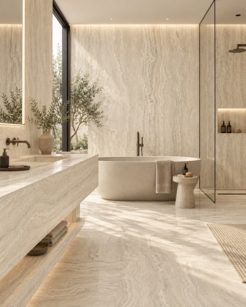 Luksusowa łazienka ze ścianami i blatem ze spieku FLORIM Stone Gold Travertine w stylu spa.
