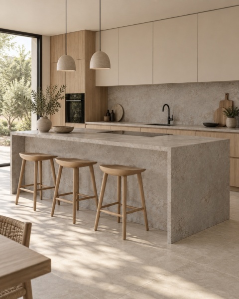 Minimalistyczna kuchnia z wyspą wykończoną spiekiem FLORIM Stone Stone Jura w jasnej aranżacji.
