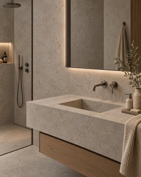 Łazienka w stylu spa z blatem i ścianami ze spieku FLORIM Stone Stone Jura.
