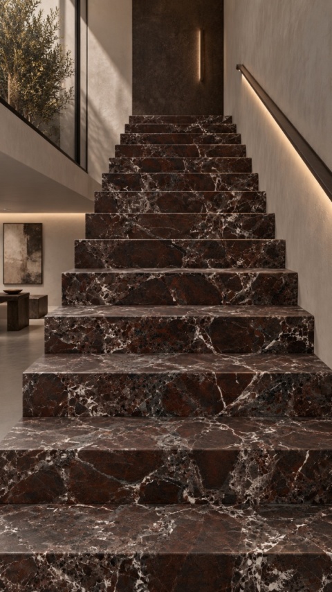 Schody z czerwonego marmuru Baroque Red w nowoczesnym wnętrzu z ciemną balustradą.