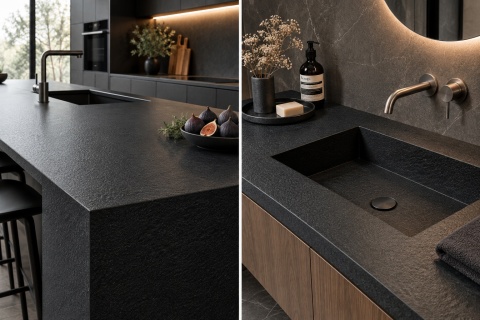 Nowoczesna kuchnia z wyspą z FLORIM Stone Solid Black 12 mm Matte Leather i czarnym zlewem