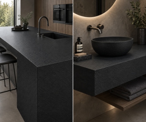 Nowoczesna łazienka z blatem i umywalką z FLORIM Stone Solid Black 12 mm Matte Leather.