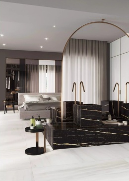 Łazienka z zabudową z FLORIM Stone Marble Laurent, czarną powierzchnią ze złotym użyleniem.
