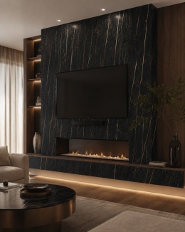 Salon z okładziną ściany RTV i kominka z FLORIM Stone Marble Laurent 6 mm w czarno-złotym wzorze.