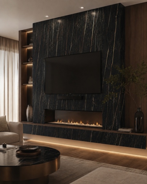 Salon z okładziną ściany RTV i kominka z FLORIM Stone Marble Laurent 6 mm w czarno-złotym wzorze.