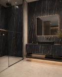 Łazienka z okładziną FLORIM Stone Marble Laurent 6 mm na ścianie prysznica i zabudowi