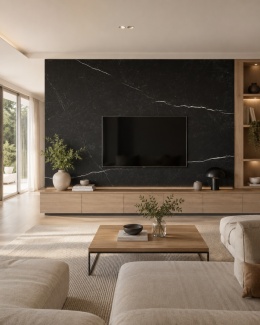 Jasny salon z czarną ścianą RTV wykończoną FLORIM Stone Marble Marquinia 6 mm.