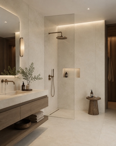 Łazienka spa z okładziną ze spieku FLORIM Stone Montpellier i ciepłymi drewnianymi akcentami.