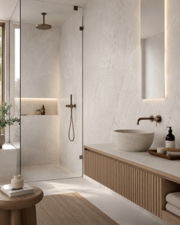 Jasna łazienka spa z okładziną ścienną ze spieku FLORIM Stone Plima White/01.
