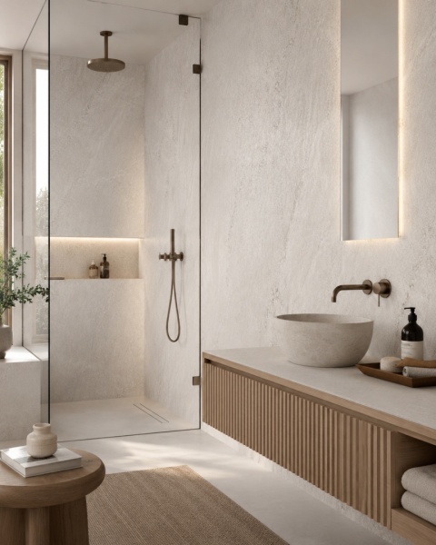 Jasna łazienka spa z okładziną ścienną ze spieku FLORIM Stone Plima White/01.