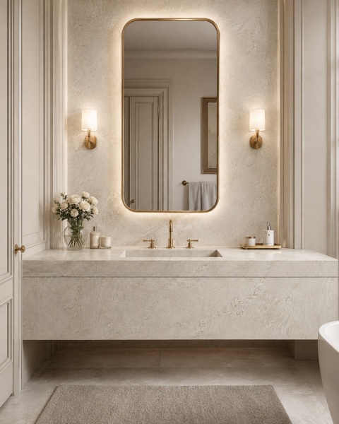 Elegancka łazienka z blatem i zabudową ze spieku FLORIM Stone Plima White/01 oraz złotymi detalami.
