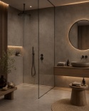 Łazienka spa z okładziną ścienną ze spieku FLORIM Stone Sand Brown i drewnianymi akcentami.