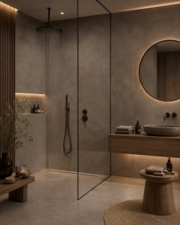 Łazienka spa z okładziną ścienną ze spieku FLORIM Stone Sand Brown i drewnianymi akcentami.