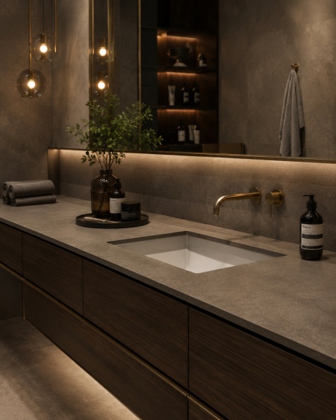Elegancka łazienka z blatem ze spieku FLORIM Stone Sand Brown i ciemną drewnianą zabudową.