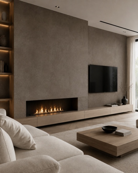 Salon z kominkiem i ścianą RTV wykończoną spiekiem FLORIM Stone Sand Brown w ciepłej aranżacji.