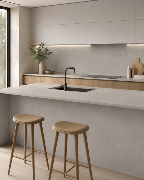 Kuchnia minimalistyczna z wyspą wykończoną spiekiem Florim Stone Sand Grey i ciepłymi drewnianymi akcentami.
