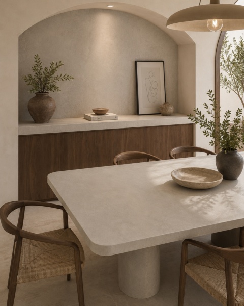 Przytulna jadalnia z łukową wnęką i podłogą ze spieku Florim Stone Sand Grey w ciepłej aranżacji.