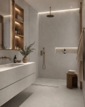 Luksusowa łazienka spa ze ścianami i blatem w spieku Florim Stone Sand Grey w jasnym, eleganckim stylu.